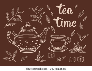 El té está aislado de fondo blanco. Hojas, tetera y taza. Ilustración vectorial dibujada a mano en estilo de contorno.