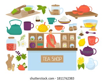 Tea set of isolated vector illustration. Icons of teapot, mutcha, kettles collection. Teabag, lemon, glass. Tea time ceremony symbols. Sorts of tea in tea-shop for chinese or japanese restaurant.