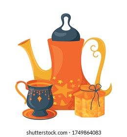 Juego de té. Jam. mermelada de albaricoque. hervidor de agua, samovar y mug. ilustración vectorial en tonos anaranjados azules, set de té