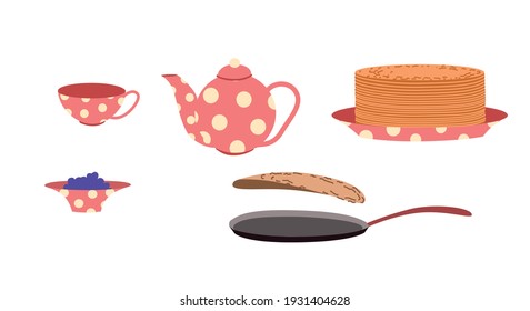 Tea set with jam and pancakes. Shrovetide week. Breakfast on Shirokaya Shrovetide. Vector flat illustration on a white isolated background.