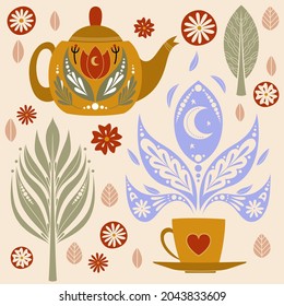 Té con Kettle y Copa, estilo popular. Ilustración del vector