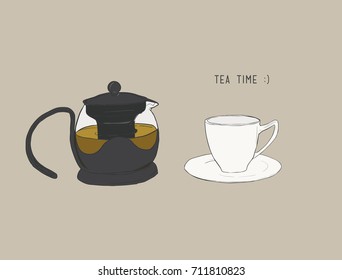 tea set , kettle and cup , sketch vector.