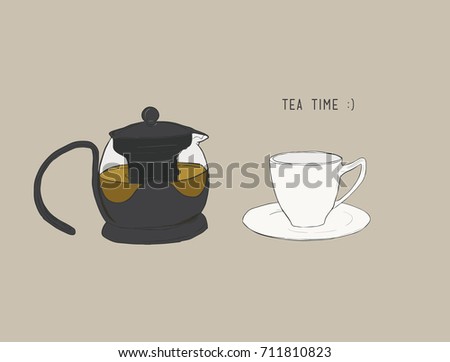 tea set , kettle and cup , sketch vector.
