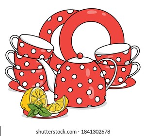 Tea set with lemon. Red teapot, cups and saucers with white polka dots. Vector illustration on a white background. Hand-drawn.