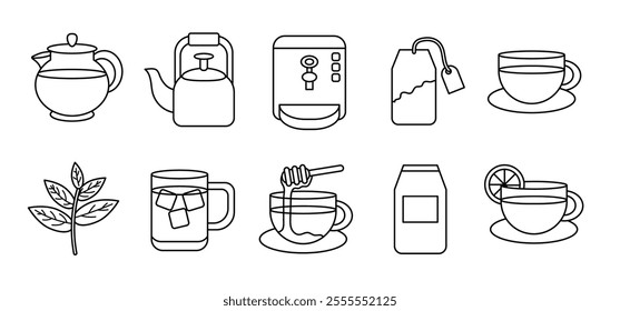 Tea set line art illustration, tea party essentials, tea and teapot outline line icons, tea icon design template elements