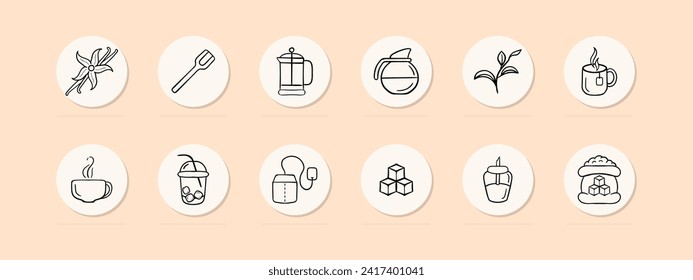 Tea set line icon. Sugar, lemon, tea leaves, bag, cup, drink, pu-erh, boiling water. Pastel color background. Vector line icon for business and advertising