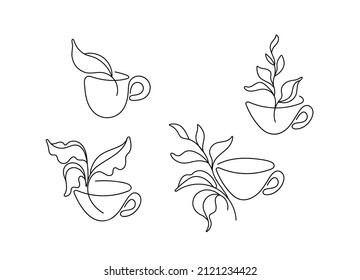 Tea set. Linear abstract symbol. Natural herbal drink. Vector leaves, cup. Graphic collection isolated on white background