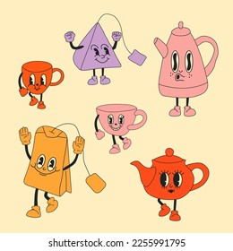 Mascotas de juego de té en ilustración de estilo de dibujos animados retro, colección de arte vectorial de carácter vintage	