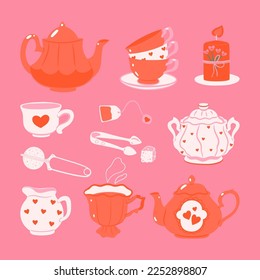 Tea set with the mood of Valentine's day. Vector graphics.