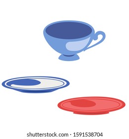 Tea set, mug, plate, saucer. Flavored coffee. Vector illustration. For logos, packaging, brochures, advertising.