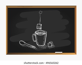 Tea set on blackboard background. Vector illustration. Hand drawn.
