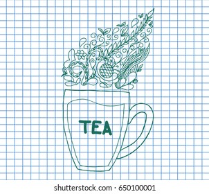 Tea set on copybook background. illustration. Hand drawn.