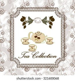Tea set on the seamless pattern in vintage or classic style. Tea collection.