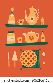 Tea set on shelves. Vector illustration of teapots, tea cups, mugs, honey, vase with bouquet, spoons, knife, bottle, pie which stand on shelves. Colorful print. Sweet home and cozy kitchen.