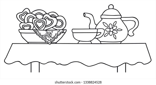 Tea set on a table. Teapot, tea cup and delicious cookies. Black and white vector for card or gift, for coloring.