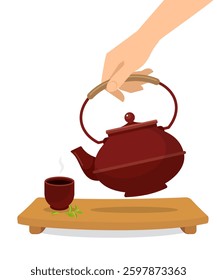 Tea set on tray, hand pouring from pot, cup with steam, white background. Ceramic teapot and a steaming cup of green tea on wooden board. Isolated vector illustration.