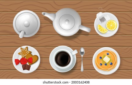 Tea set on wooden table, vector illustration, top view. Teapot, cup, sugar bowl, saucer with spoon, teabag, lemon slices, pancakes, cookies and candy. Tea party.