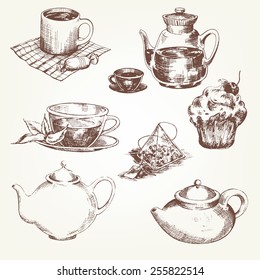 Tea set. Pen sketch converted to vectors.