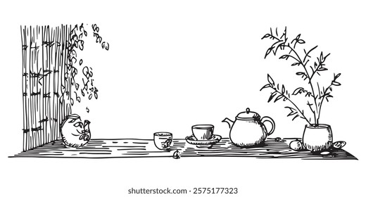 tea set with plants on wooden table in monochrome hand-drawn style