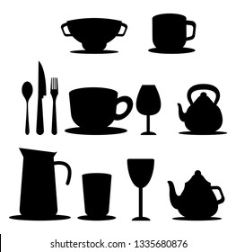 A Tea set with tea pot tea jug cup spoon set and glass vector color drawing or illustration.