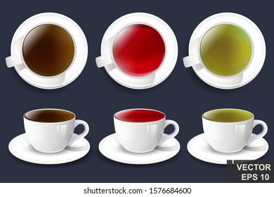 Tea set. Red, green and black. Realistic. mug. For your design.