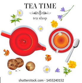 A tea set. Red porcelain teapot on the table and white cup with tea on the table. Cookies and beautiful wild flowers in vector