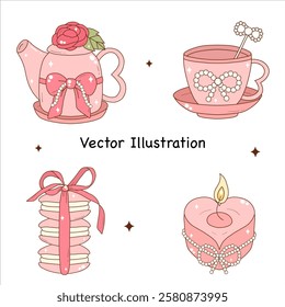 Tea Set with Rose Sweet Dessert Coffee Set Cafe Vector Illustration