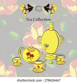Tea set with samovar on the seamless pattern with apple flowers in Russian style  and pop art. Tea collection.