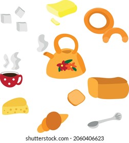 Tea set stickers set.  A kettle with hot tea, a cup of tea or coffee, a loaf, butter, a teaspoon, a croissant, a bagel, refined sugar.  Items for a tea ceremony or breakfast