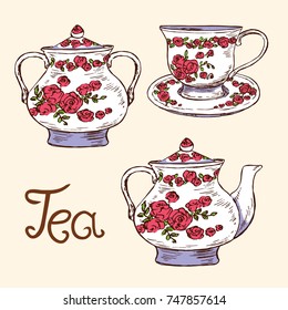 Tea set: sugar bowl, cup and saucer, teapot with red roses and leaves ornament, hand drawn doodle, simple sketch in pop art style, vector color illustration