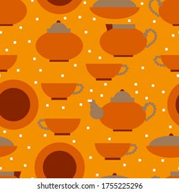 Tea set and sugar on yellow vector seamless pattern for decoration, wrapping paper, textile, backgrounds