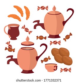 Tea set. Sweet baked goods. Cookies for tea. Tea kettle, samovar, mug, tea mug, candy.