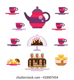 Tea set and sweets vector illustration in flat style. Tea ceremony. Utensils for serving festive, celebration table. Cups and pot, sweets and cake, cupcake and muffin. Sweets collection - Shutterstock ID 410007454