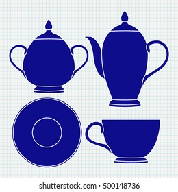Tea set. Tableware blue icons. Vector illustration on notebook sheet background