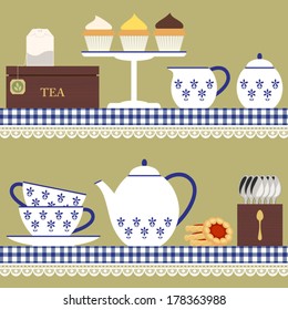 Tea set with teabag, cupcake and cookies - Shutterstock ID 178363988