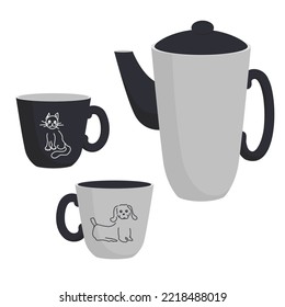 Tea set with teapot and 2 cups with cat and dog illustrations. Isolated on white background.