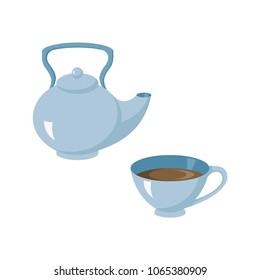 Tea set from a teapot and cup of blue color. Vector illustration.