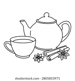 Tea Set with Teapot and Cup, Cinnamon and Star Anise Line Art. Black and white line drawing of tea set featuring teapot and teacup accompanied by aromatic cinnamon sticks and star anise. Elegant illustration perfect for culinary, cafe menus and recipe books.