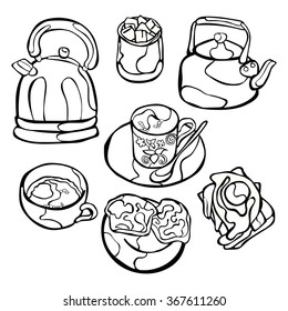 Tea set. Teapot, cup of tea, dessert and sweets. Isolated objects on white background.