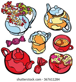 Tea set. Teapot, cup of tea, dessert and sweets. Isolated objects on white background.