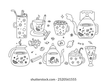 Tea set in a teapot and cup. Ingredients for making tea. Hot healthy warming drink. Ginger, cinnamon, rose hips, mint. Fruits, sweets. Winter season. Line icons, drawing, doodle.