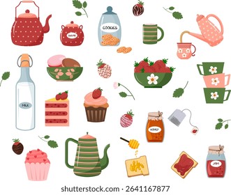 Tea set. Teapot and cup set. Sugar bowl and pastries. Macaroons, muffins and strawberry cake. Strawberries in a bowl. Toasts with jam and honey. Cute tea utensils. Milk in a bottle. Everything for tea