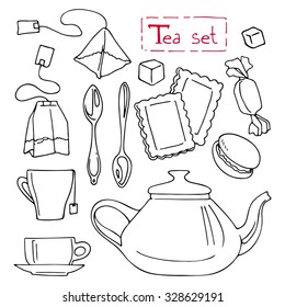 Tea set: teapot, cups, tea bags, spoons, sugar and sweets. The black contour on a white background. Hand drawn design elements.