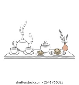 Tea set with teapot cups cookies sugar bowl and lavender on white