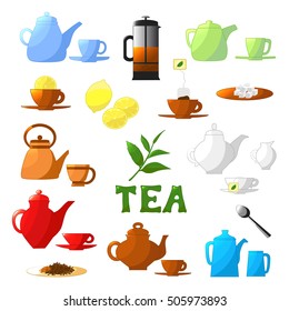 Tea set. Teapot, lemon, Cup, spoon, tea bag, jug of milk, tea leaves isolated on a white background. Vector illustration