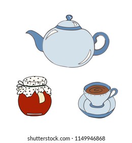 A tea set. Teapot and a mug painted lines on a white background. Vector sketch of dishes.