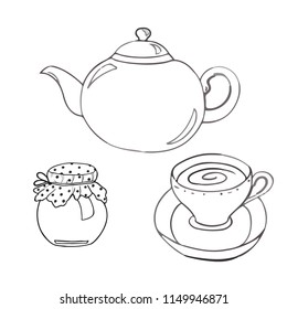 A tea set. Teapot and a mug painted lines on a white background. Vector sketch of dishes.