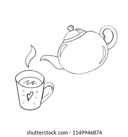 A tea set. Teapot and a mug painted lines on a white background. Vector sketch of dishes.