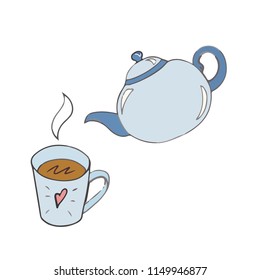 A tea set. Teapot and a mug painted lines on a white background. Vector sketch of dishes.