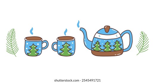 Tea set, teapot and mugs with hot drink with winter print. Winter season. Spruce branches. Colorful vector isolated illustration hand drawn doodle. Cozy warm atmosphere